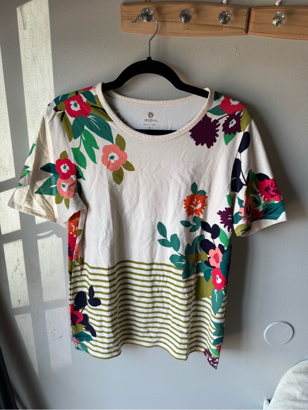 Spartina 449 Womens Floral & Olive Striped Short Sleeve Tee - Size Medium